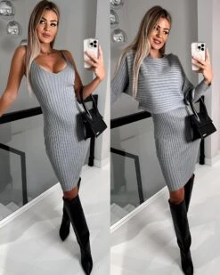 Vestito Donna Longuette Scollo Cuore Bretelle Completo Maglia Casual Elegante