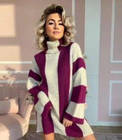 Linda Vestito Donna Maxi Pull Collo Alto Manica Campana Bicolore Morbido Casual Elegante Caldo