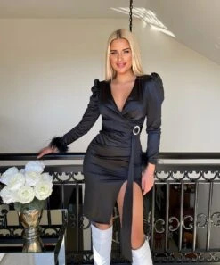 Vestito Donna Tubino Scollo V Profondo Manica Sbuffo Piume Gioiello Spacco Elegante Sensuale