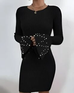 Vestito Donna Girocollo Aderente Manica Campana Perle Casual Elegante -Lindavi Negozio ImmagineWhatsApp2022 12 14ore16.22.35