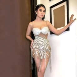 Vestito Donna Tubino Scollo Cuore Bretelle Frange Intrecciate Elegante Sensuale