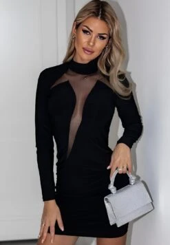 Vestito Donna Tubino Manica Lunga Scollo Cuore Velato Elegante Sensuale