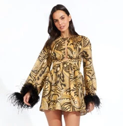 Vestito Donna Morbido Scollo Cuore Manica Campana Piume Fantasia Elegante Sensuale