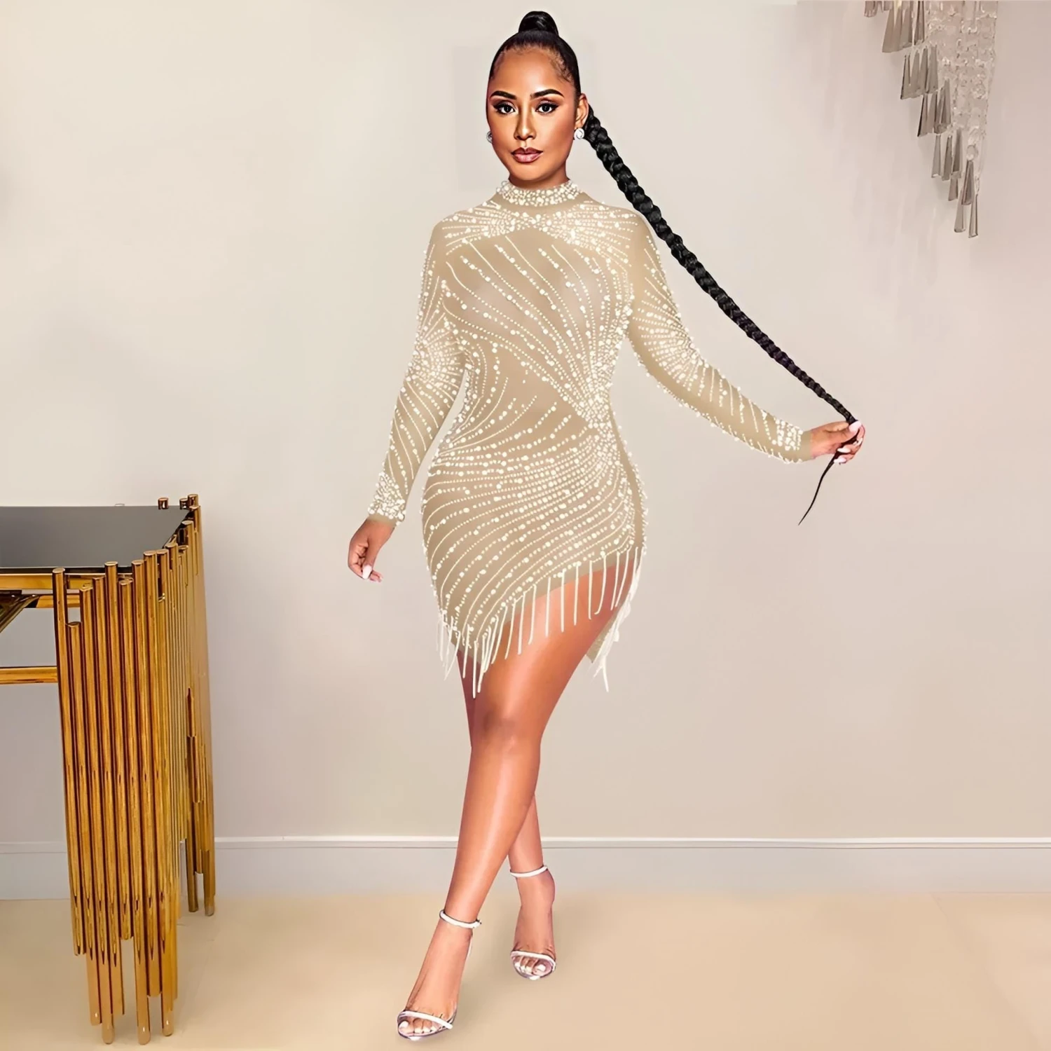 Vestito Donna Tubino Manica Lunga Spacco Strass Perla Gioiello Frange Elegante Sensuale Aderente 2 Vestito Donna Tubino Manica Lunga Spacco Strass Perla Gioiello Frange Elegante Sensuale Aderente - immagine 2