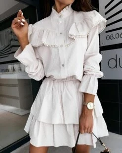 Vestito Donna Bottoni Balze Gonna Campana Elastico Elegante Casual Sensuale