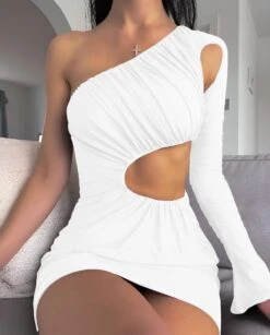 Vestito Donna Tubino Cut Out Mono Spalla Drappeggiato Casual Elegante Sensuale -Lindavi Negozio ImmagineWhatsApp2022 12 30ore11.47.16Whitedress