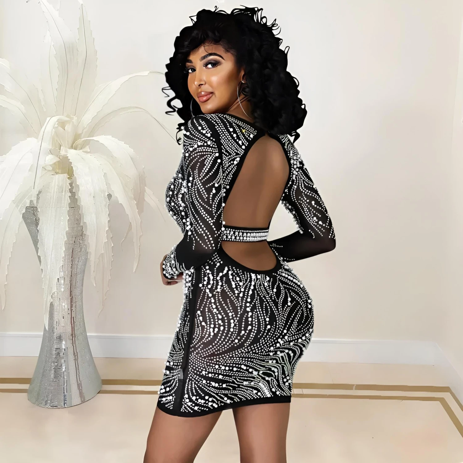 Vestito Donna Tubino Aderente Velato Manica Lunga Strass Perle Schiena Scoperta Elegante Sensuale 2 Vestito Donna Tubino Aderente Velato Manica Lunga Strass Perle Schiena Scoperta Elegante Sensuale - immagine 2