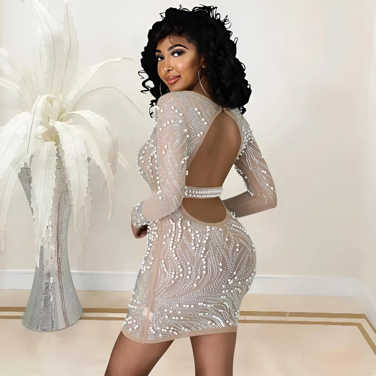 Vestito Donna Tubino Aderente Velato Manica Lunga Strass Perle Schiena Scoperta Elegante Sensuale 4 Vestito Donna Tubino Aderente Velato Manica Lunga Strass Perle Schiena Scoperta Elegante Sensuale - immagine 4