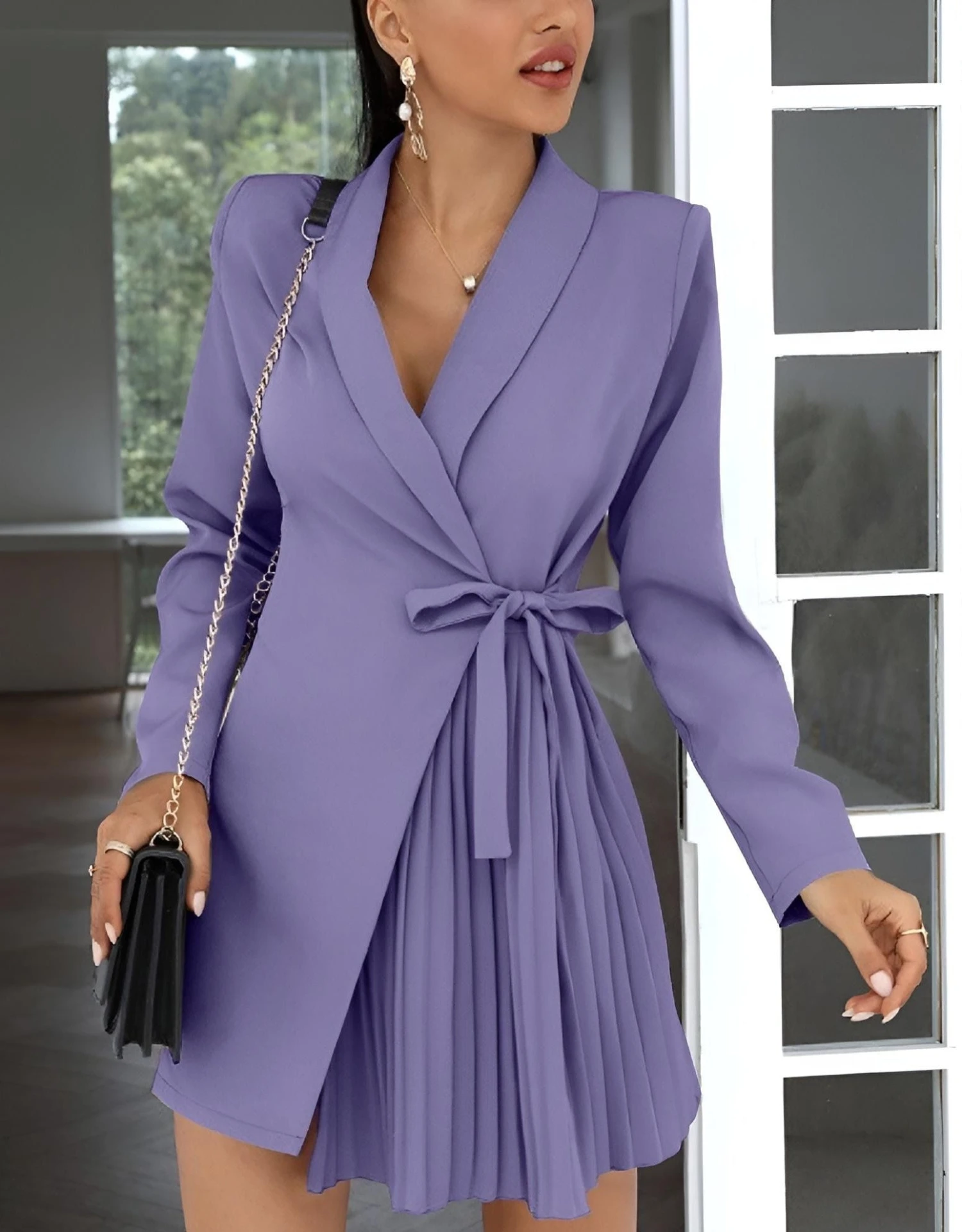 Vestito Donna Blazer Scollo V Cintura Plissè Manica Lunga 4 Vestito Donna Blazer Scollo V Cintura Plissè Manica Lunga - immagine 4