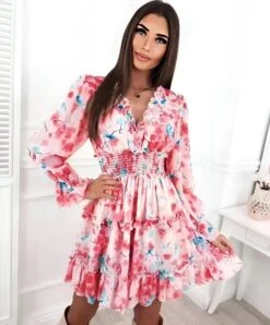 Vestito Donna Scollo V Volant Manica Sbuffo Gonna Campana Elastico Fantasia Fiori Casual Elegante