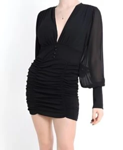 Vestito Donna Tubino Scollo V Manica Sbuffo Velato Bottoni Drappeggiato Elegante Sensuale