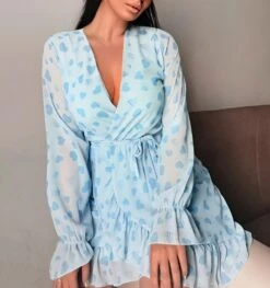 Vestito Donna Morbido Scollo V Manica Sbuffo Fantasia Cuori Volant Gonna Campana Casual Elegante -Lindavi Negozio ImmagineWhatsApp2023 01 09ore13.39.27