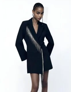 Vestito Donna Blazer Scollo V Manica Lunga Strass Frange Elegante