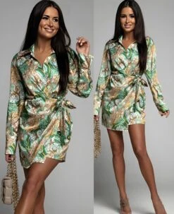 Vestito Donna Tubino Scollo V Fantasia Gonna Portafoglio Fiocco