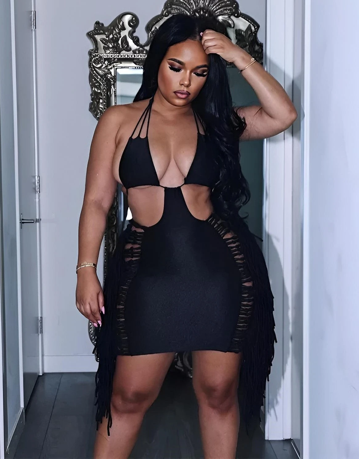 Vestito Donna Tubino Bretella Cut Out Frange Aderente Sexy Elegante 2 Vestito Donna Tubino Bretella Cut Out Frange Aderente Sexy Elegante - immagine 2