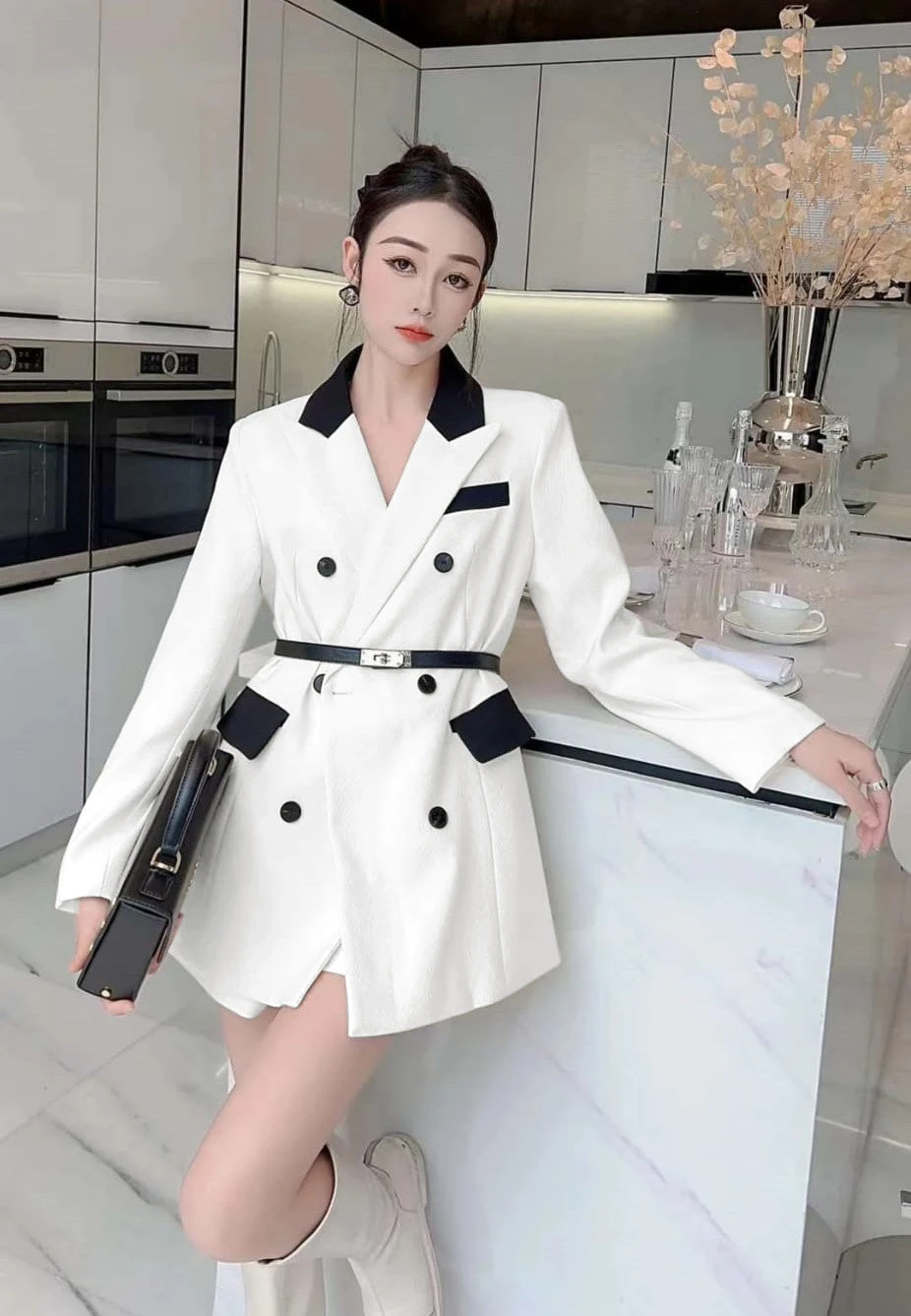 Vestito Donna Blazer Bicolore Bottoni Colletto Casual Elegante 2 Vestito Donna Blazer Bicolore Bottoni Colletto Casual Elegante - immagine 2