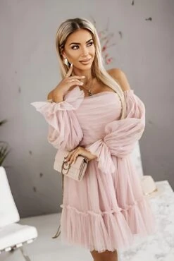 Vestito Donna Morbido Scollo Cuore Volant Tulle Drappeggiato Elegante