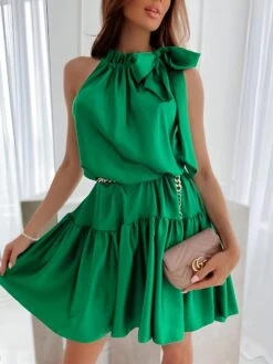 Vestito Donna Morbido Gonna Campana Volant Fiocco Giromanica Casual Elegante -Lindavi Negozio ImmagineWhatsApp2023 04 03ore09.56.23