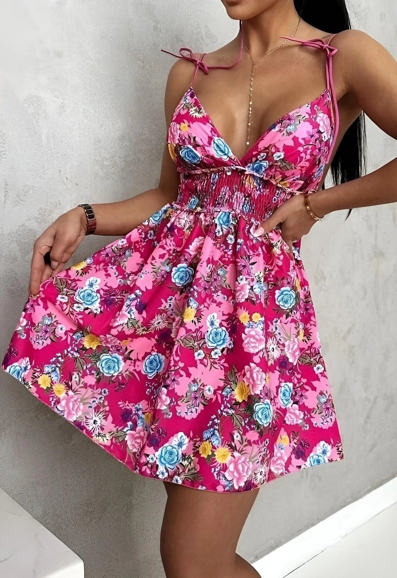 Vestito Donna Morbido Elastico Scollo Cuore Bretelle Fiocchi Fantasia Floreale 2 Vestito Donna Morbido Elastico Scollo Cuore Bretelle Fiocchi Fantasia Floreale - immagine 2