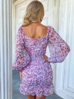 Vestito Donna Tubino Scollo Quadrato Manica Lunga Sbuffo Fantasia Floreale Volant -Lindavi Negozio ImmagineWhatsApp2023 04 21ore18.01.26