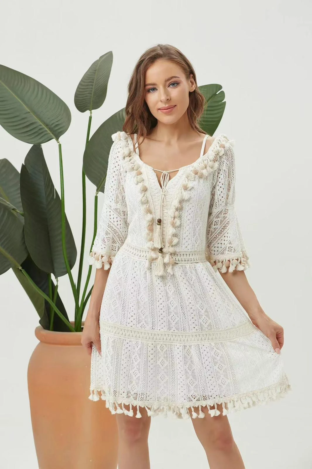 Linda Vestito Donna Morbido Scollo V Manica Tre Quarti Nappine Ricamo Bicolore 2 Linda Vestito Donna Morbido Scollo V Manica Tre Quarti Nappine Ricamo Bicolore - immagine 2