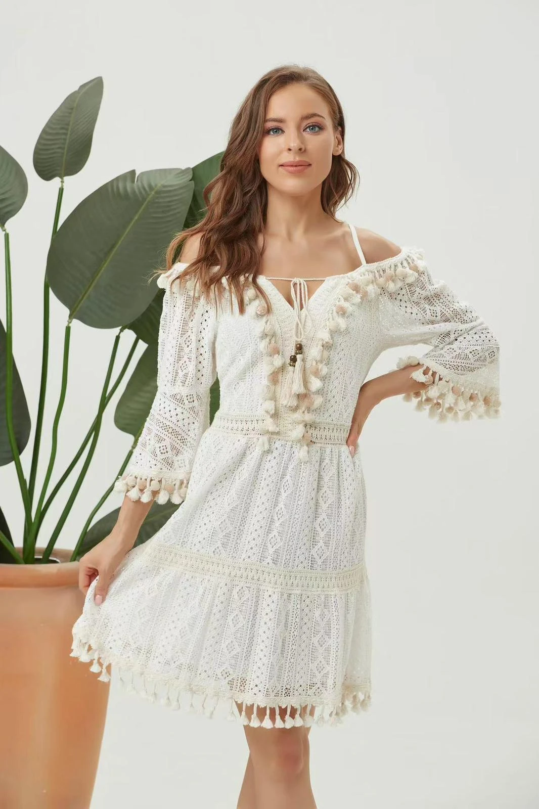 Linda Vestito Donna Morbido Scollo V Manica Tre Quarti Nappine Ricamo Bicolore 3 Linda Vestito Donna Morbido Scollo V Manica Tre Quarti Nappine Ricamo Bicolore - immagine 3