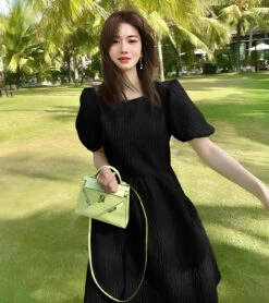 Vestito Donna Campana Girocollo Mezza Manica Sbuffo Monocolore Drappeggiato Casual Elegante -Lindavi Negozio ImmagineWhatsApp2023 06 05ore15.52.28blackdress