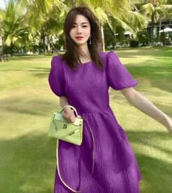 Vestito Donna Campana Girocollo Mezza Manica Sbuffo Monocolore Drappeggiato Casual Elegante -Lindavi Negozio ImmagineWhatsApp2023 06 05ore15.52.28violetdress