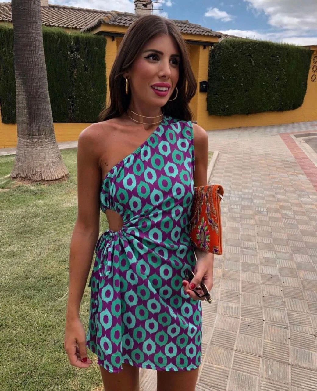 Vestito Donna Tubino Monospalla Stampa Multicolore Cut Out Elegante Casual 1 Vestito Donna Tubino Monospalla Stampa Multicolore Cut Out Elegante Casual