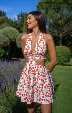 Vestito Donna Scollo V Profondo Cut Out Svasato Gioiello Fantasia Casual