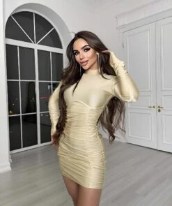 Vestito Donna Tubino Manica Lunga Drappeggiato Elegante Sensuale Aderente