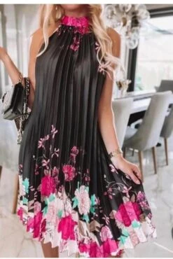 Vestito Donna Svasato Plissé Fantasia Fiori Giromanica Elegante Sensuale