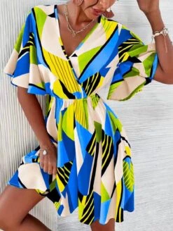 Vestito Donna Scollo V Morbido Fantasia Multicolore Casual Elegante