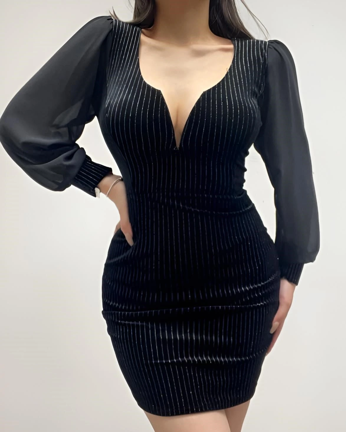 Vestito Donna Tubino Scollo Cuore Manica Sbuffo Chiffon Fantasia Righe Elegante Sensuale 1 Vestito Donna Tubino Scollo Cuore Manica Sbuffo Chiffon Fantasia Righe Elegante Sensuale