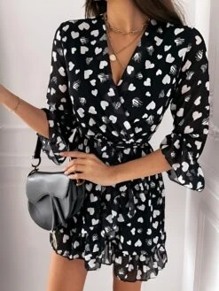 Vestito Donna Morbido Scollo V Volant Fantasia Cuori Bicolore