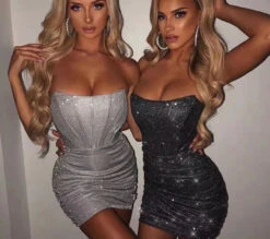 Linda Vestito Donna Tubino Scollo Fascia Bustier Arricciato Brillantini Sexy Elegante