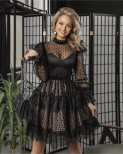 Vestito Donna Velato Merletto Pois Elegante