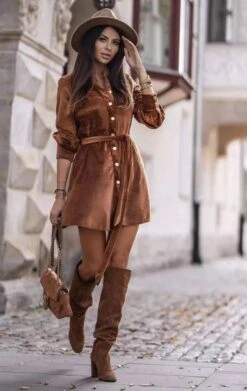 Vestito Donna Ciniglia Bottoni Cintura Morbido