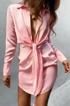 Vestito Donna Camicia Morbido Fiocco Bottoni