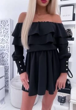 Vestito Donna Scollo Barca Balze Bottoni