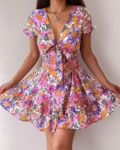 Vestito Donna Scollo V Fiocco Fantasia Fiori