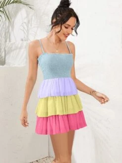 Vestito Donna Balze Colori Bretelle Elastico