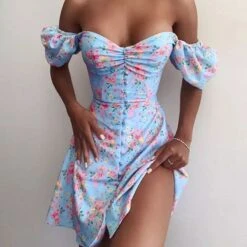 Vestito Donna Spalla Sbuffo Scollo Cuore Fantasia