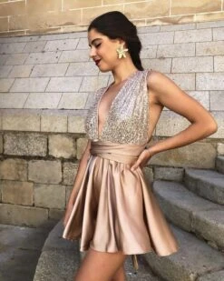 Tutina Donna Vestito Scollo V Profondo Paillettes Schiena Scoperta Elegante