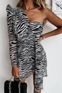 Vestito Donna Mono Spalla Fantasia Zebrato Asimmetrico