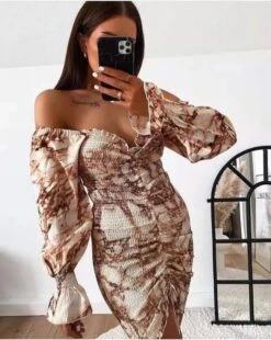 Vestito Donna Tubino Scollo Fascia Coulisse Manica Sbuffo