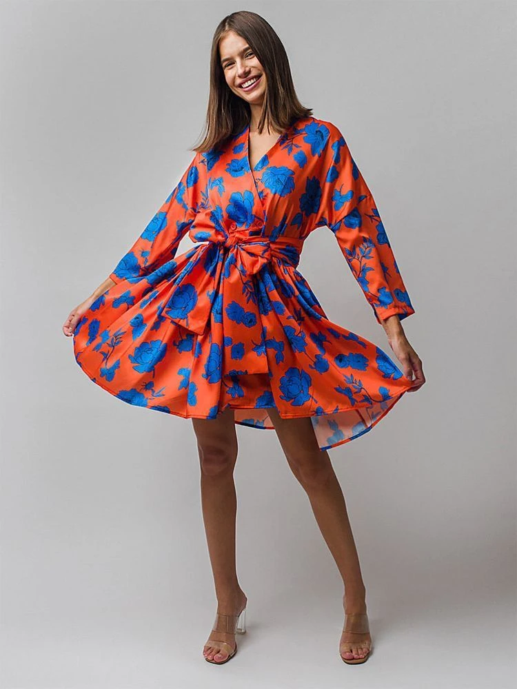 Vestito Donna Scollo V Cintura Fantasia Fiori Gonna Campana 1 Vestito Donna Scollo V Cintura Fantasia Fiori Gonna Campana