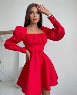 Vestito Donna Scollo Fascia Gonna Campana Manica Sbuffo Bottoni