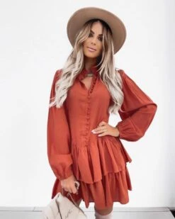 Vestito Donna Camicione Bottoni Balze Manica Sbuffo Casual Elegante