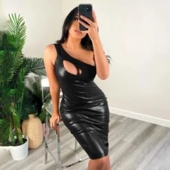 Vestito Donna Tubino Mono Spalla Ecopelle Aderente Sensuale